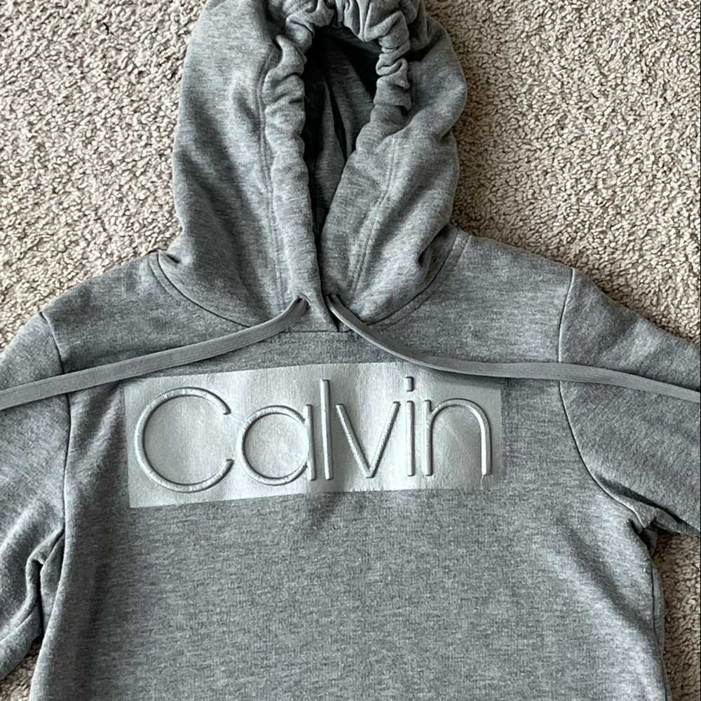 Lightweight gray hoodie with silver logo; Calvin Klein (S)